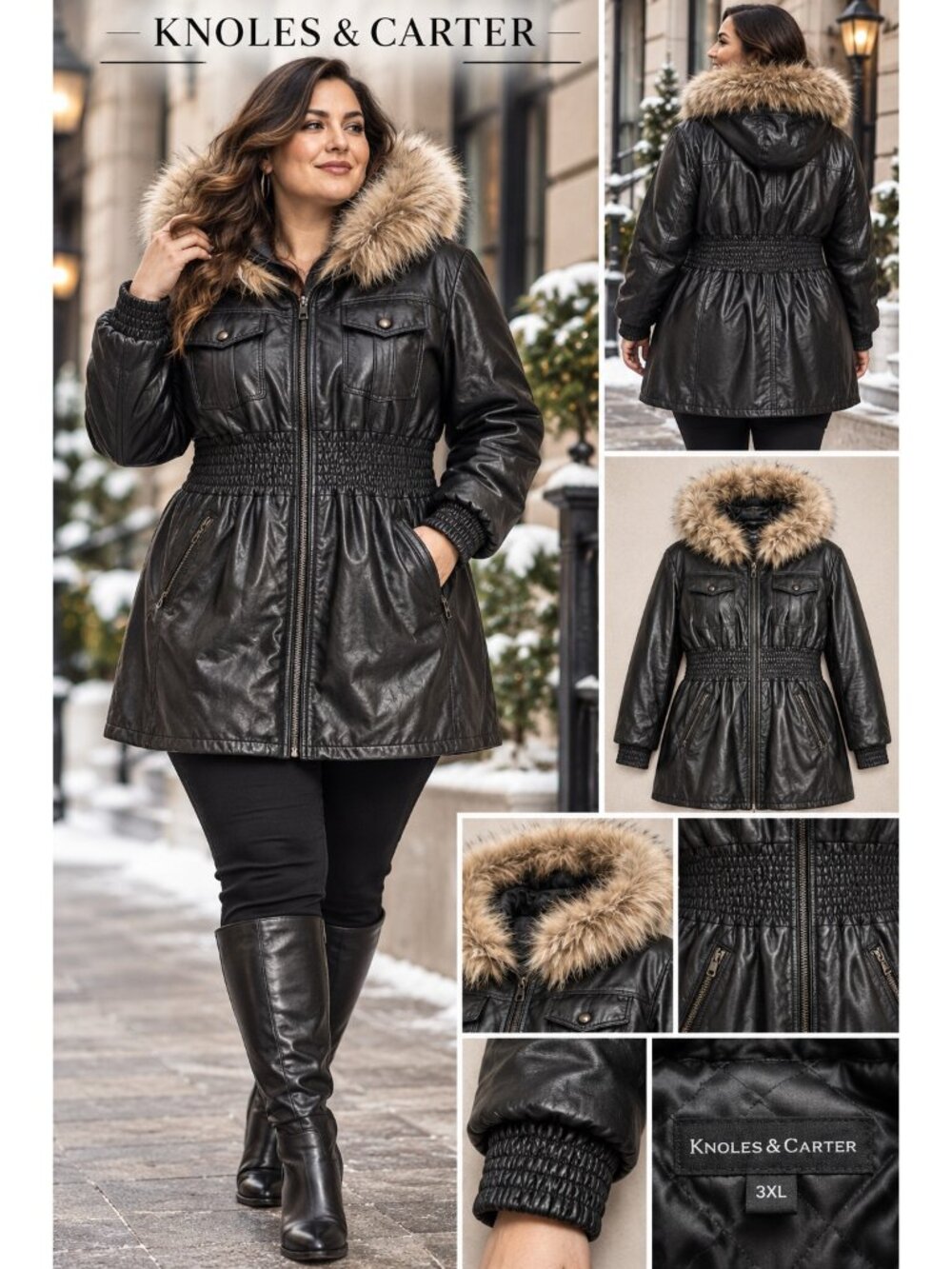 Knoles & Carter Black Genuine Leather Fur Trim Hooded Coat 3XL